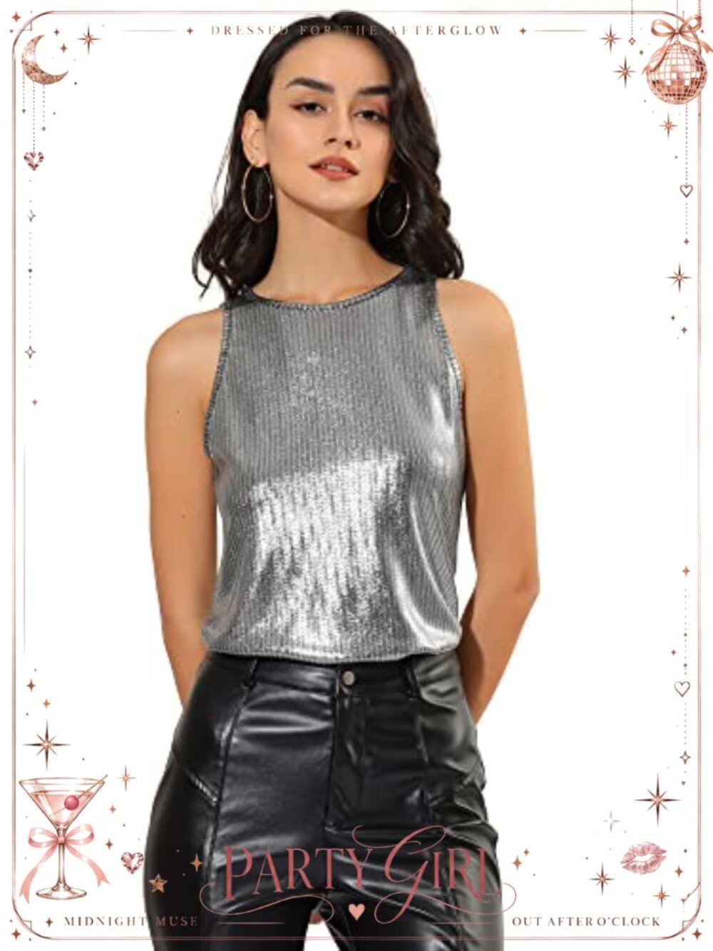 Allegra K Women's Metallic Tank Top Shiny Sleeveless Party Disco Shirt